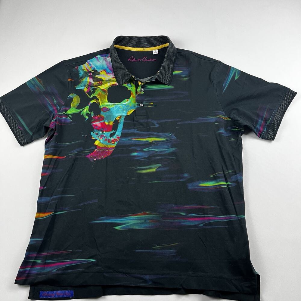 Robert Graham Vanish Polo Men’s Large Rare Print Skul Black Multicolor